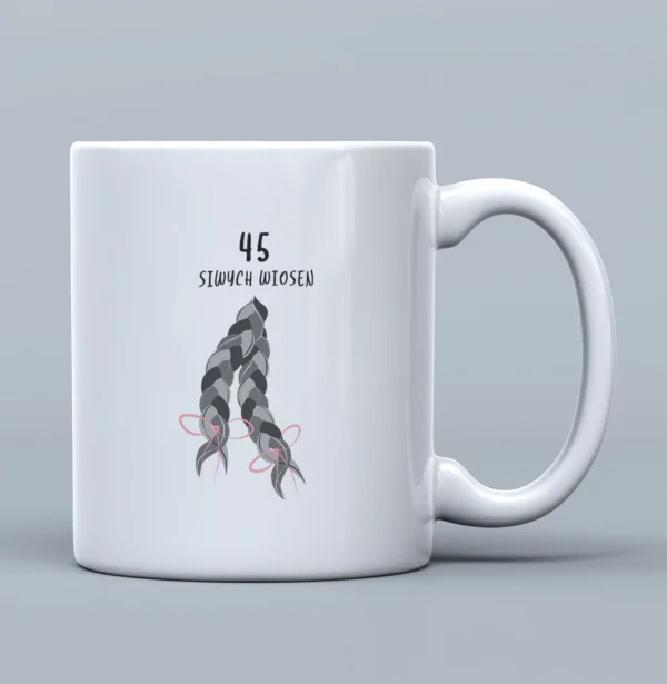 Kubek na Urodziny Siwe Wiosny - Wpisz Wiek np 40 50 60 - Wzór Warkocze