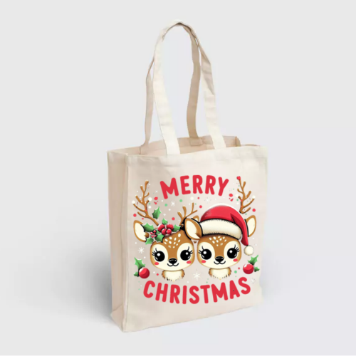 Wyjątkowy nadruk z dwoma uroczymi reniferkami w świątecznych ozdobach i napis „Merry Christmas”