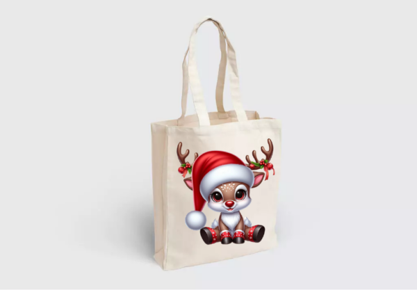 Nadruk z rozczulającym reniferkiem w czapce Świętego Mikołaja