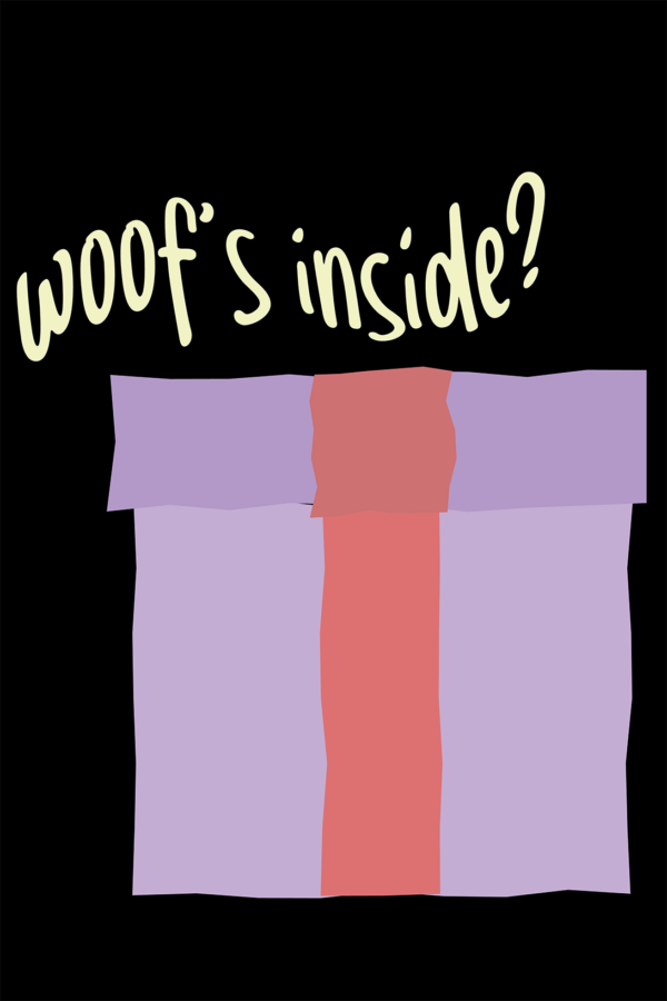 Zabawny napis Woof's inside nad fioletowym pudełkiem prezentowym na czarnym tle
