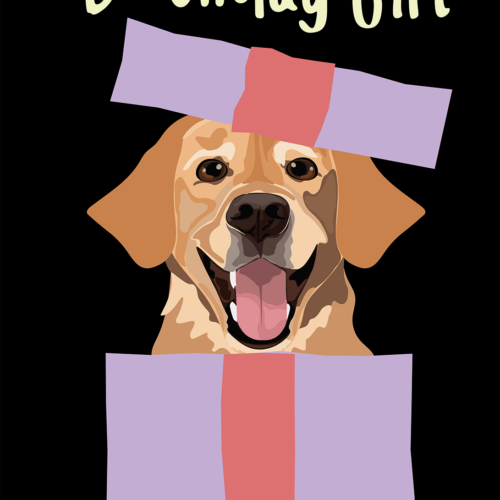 Uśmiechnięty labrador wyskakujący z fioletowego pudełka prezentowego z napisem Birthday Girl