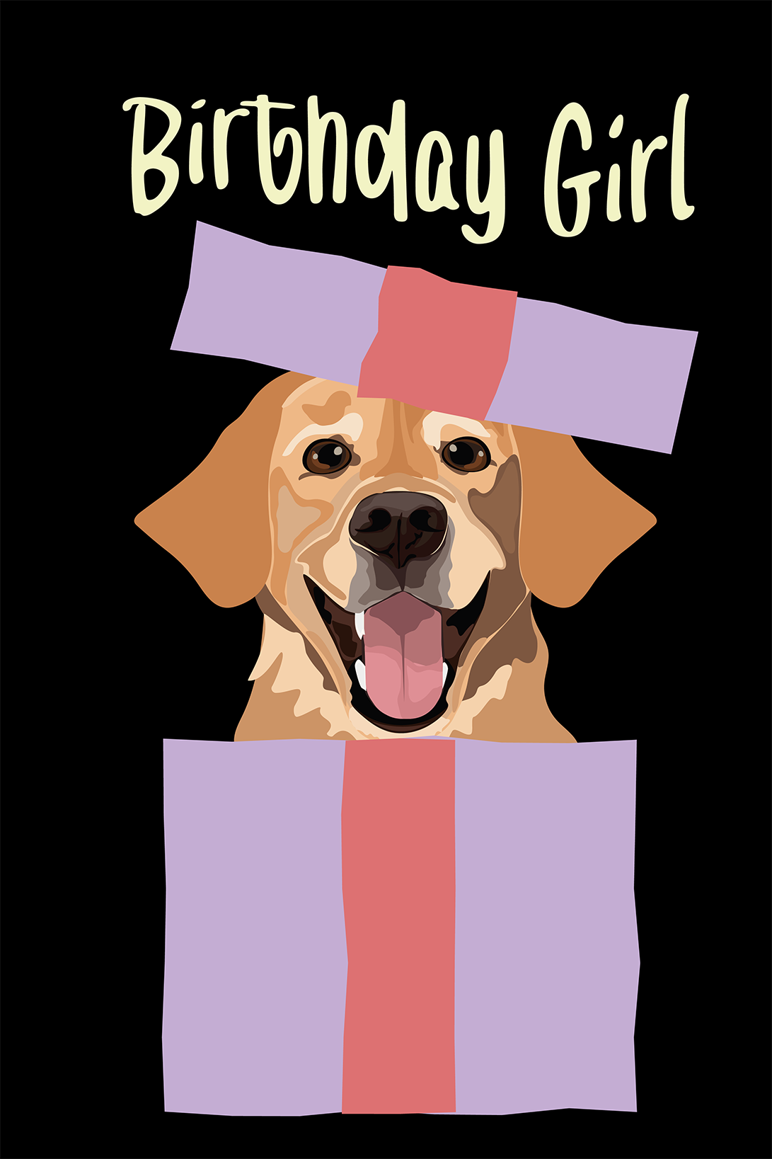 Grafika Birthday Girl z labradorem w pudełku Uśmiechnięty labrador wyskakujący z fioletowego pudełka prezentowego z napisem Birthday Girl