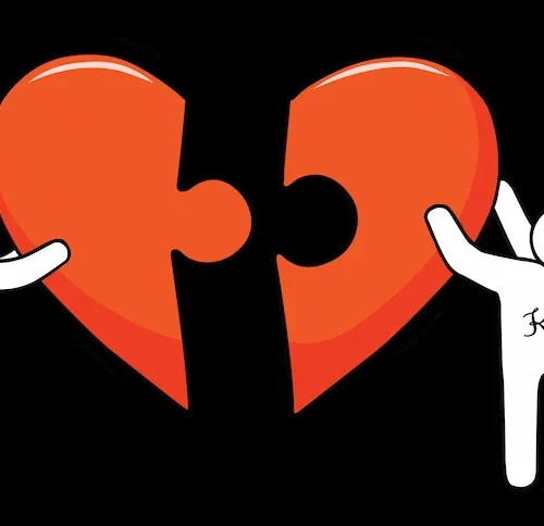 Zbliżenie na grafikę z dwoma postaciami trzymającymi połówki czerwonego serca w kształcie puzzli, z personalizowanymi inicjałami na czarnym tle. Idealny motyw dla zakochanych.