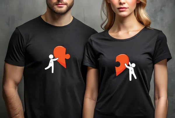 Para w czarnych koszulkach z nadrukiem połówki serca i postaciami, symbolizującymi połączenie dwóch osób. Widoczne personalizowane inicjały.