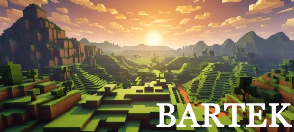 Personalizowany kubek ceramiczny 330ml z krajobrazem w stylu Minecraft i imieniem "Bartek". Biały kubek z zielonym, pikselowym wzorem na tle zielonego tła.