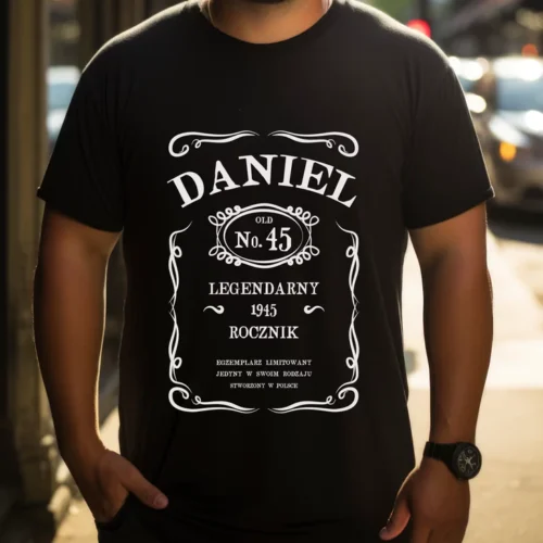 Mężczyzna w personalizowanej koszulce urodzinowej z grafiką przypominającą populerne whisky. Na koszulce widnieje imię Daniel i jego rok urodzenia