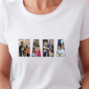 Personalizowana koszulka dla mamy z napisem „MAMA” wypełnionym zdjęciami dzieci i rodziny, prezentowana na czarnym t-shircie noszonym przez kobietę.