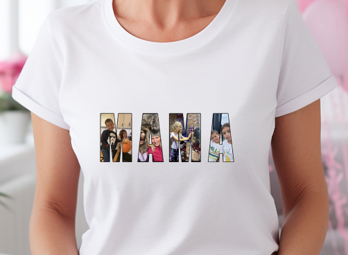 Personalizowana koszulka dla mamy z napisem „MAMA” wypełnionym zdjęciami dzieci i rodziny, prezentowana na czarnym t-shircie noszonym przez kobietę.