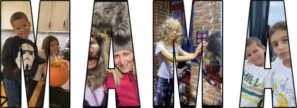 Personalizowana koszulka dla mamy z napisem „MAMA” wypełnionym zdjęciami dzieci i rodziny, prezentowana na czarnym t-shircie noszonym przez kobietę.