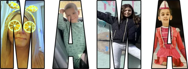 Personalizowana koszulka dla mamy z napisem „MAMA” wypełnionym zdjęciami dzieci i rodziny, prezentowana na czarnym t-shircie noszonym przez kobietę.