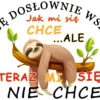 Grafika przedstawiająca śpiącego leniwca na gałęzi z liśćmi oraz cytatem "JA MOGĘ DOSŁOWNIE WSZYSTKO Jak mi się CHCE ...ALE TERAZ MI SIĘ NIE CHCE" w formie okręgu.