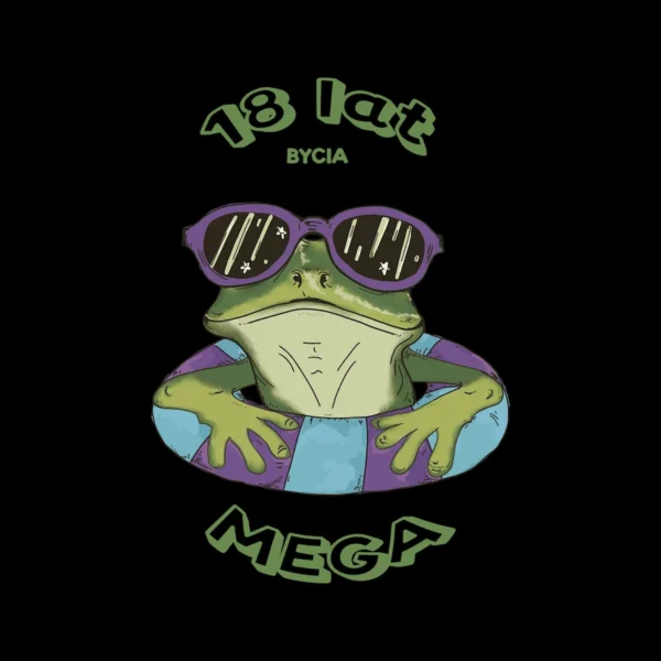 Zbliżenie na nadruk na czarnej koszulce: zielona żaba w fioletowych okularach przeciwsłonecznych, w turkusowo-fioletowym kółku do pływania, z napisem '18 lat bycia mega'