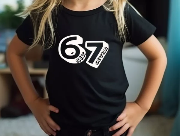 Dziewczynka w czarnej bawełnianej koszulce z białym nadrukiem '67 SIX SEVEN', prezentująca uniwersalny krój.