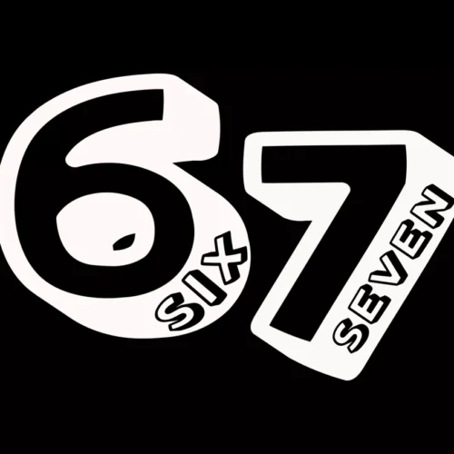 Białe logo '67 SIX SEVEN' z napisem 'SIX' i 'SEVEN' na czarnym tle, symbol popularnego memu.
