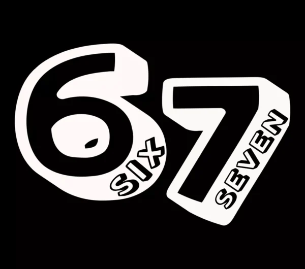 Białe logo '67 SIX SEVEN' z napisem 'SIX' i 'SEVEN' na czarnym tle, symbol popularnego memu.