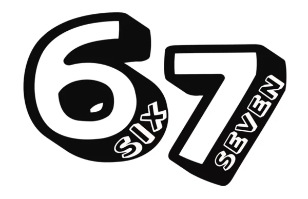 Czarny kontur logo '67 SIX SEVEN' z białym wypełnieniem i napisem 'SIX' oraz 'SEVEN' na białym tle.