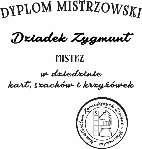 Wzór nadruku: Dyplom Mistrza w dziedzinie kart, szachów i krzyżówek Grafika na koszulkę dla dziadka mistrza gier i łamigłówek