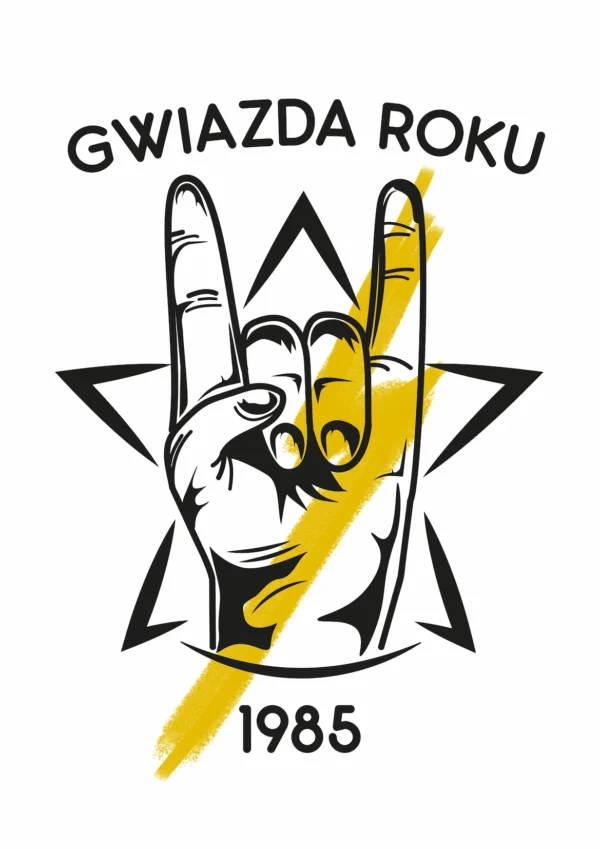 Grafika z gestem rockowym i gwiazdą na białym tle z rokiem 1985
