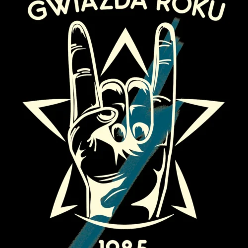 Grafika z gestem rockowym i gwiazdą na czarnym tle z rokiem 1985