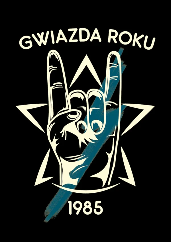 Grafika z gestem rockowym i gwiazdą na czarnym tle z rokiem 1985
