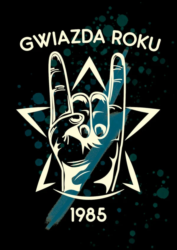 Grafika rockowa z niebieskimi rozbryzgami farby na czarnym tle