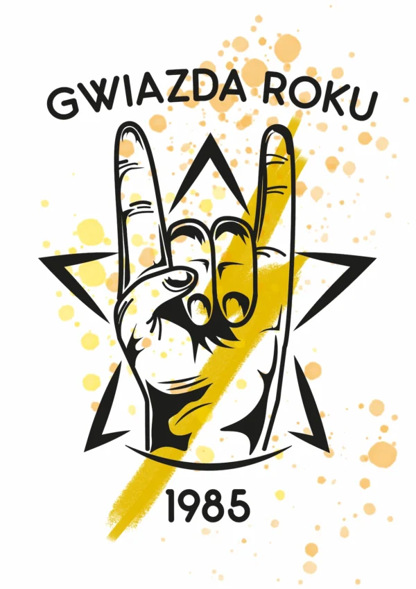 Grafika rockowa z żółtymi rozbryzgami farby na białym tle