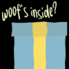 Ilustracja niebieskiego prezentu z żółtą wstążką i napisem woof's inside