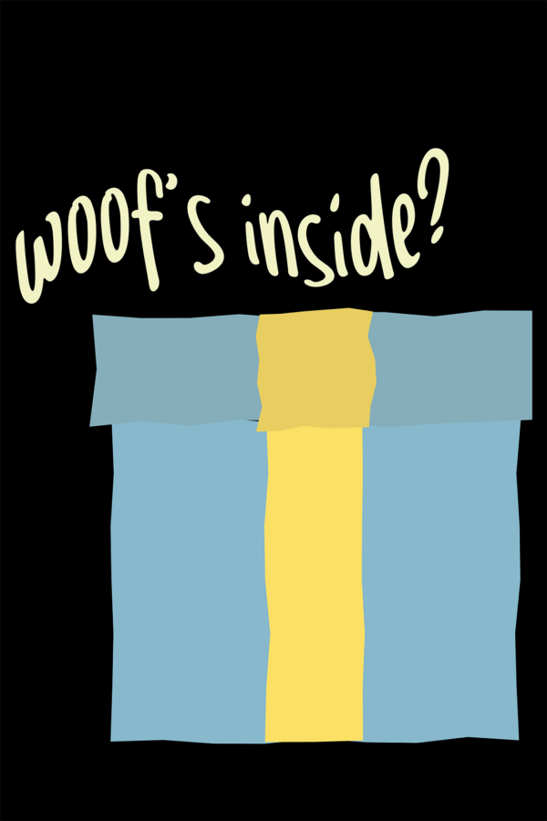 Ilustracja niebieskiego prezentu z żółtą wstążką i napisem woof's inside