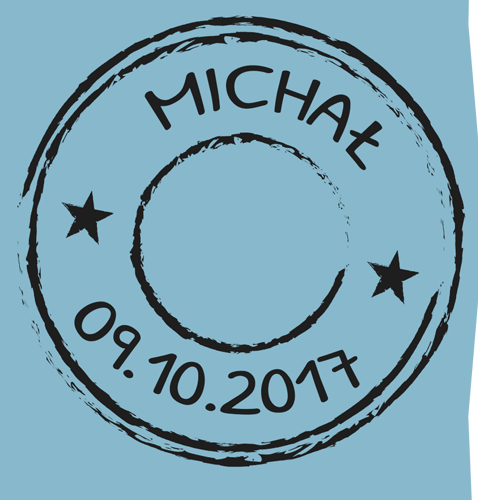 Grafika przedstawiająca personalizowaną pieczątkę z imieniem Michał i datą urodzin