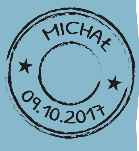 Grafika przedstawiająca personalizowaną pieczątkę z imieniem Michał i datą urodzin