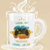 Biały ceramiczny kubek z grafiką kontrolera gier i napisem Level Up Unlocked Level 19