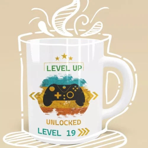 Biały ceramiczny kubek z grafiką kontrolera gier i napisem Level Up Unlocked Level 19