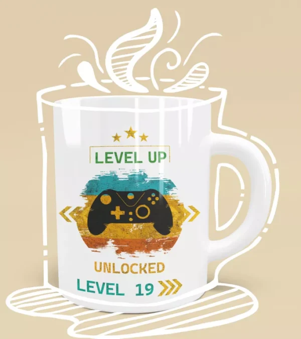 Biały ceramiczny kubek z grafiką kontrolera gier i napisem Level Up Unlocked Level 19