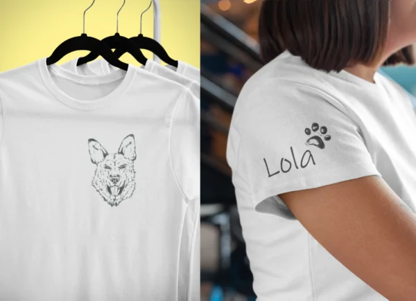 personalizowana-koszulka-z-owczarkiem-biala Koszulka damska z psem Owczarkiem Niemieckim | Personalizowana z własnym imieniem